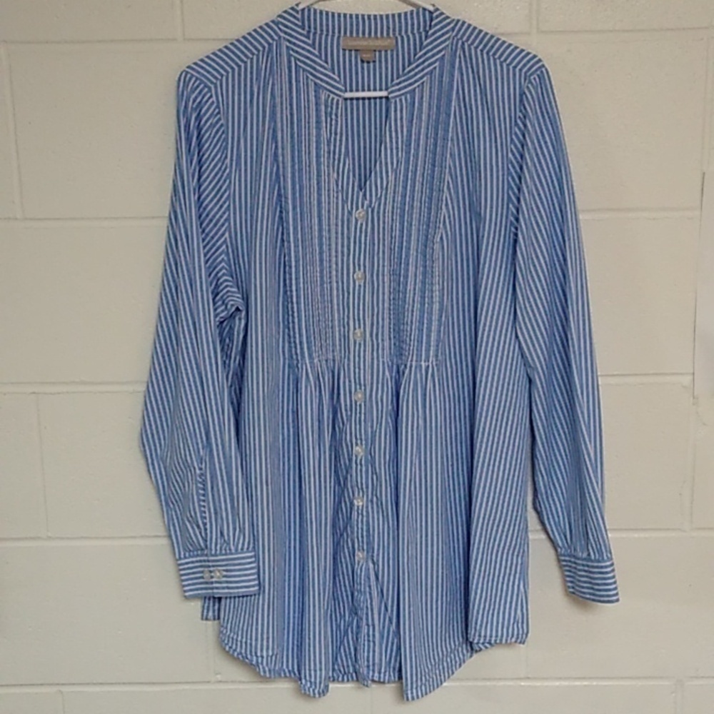 WOMAN WITHIN CRISP PIN STRIPES, BUTTON DOWN, MANDARIN COLLAR LAGENLOOK SHIRT